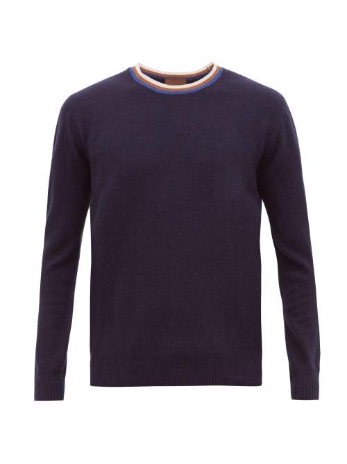 Matchesfashion.com Altea - Striped Neck Wool Blend Sweater - Mens - Navy