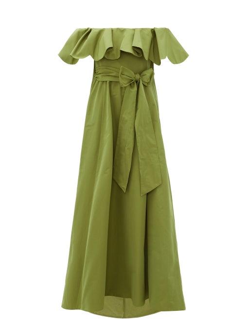Matchesfashion.com Valentino - Ruffled Off-the-shoulder Cotton-blend Gown - Womens - Green