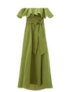 Matchesfashion.com Valentino - Ruffled Off-the-shoulder Cotton-blend Gown - Womens - Green