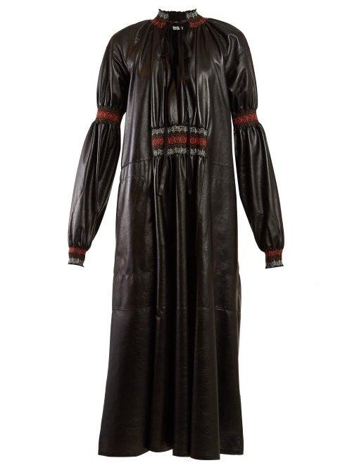 Matchesfashion.com Loewe - Smocked Leather Midi Dress - Womens - Black Multi