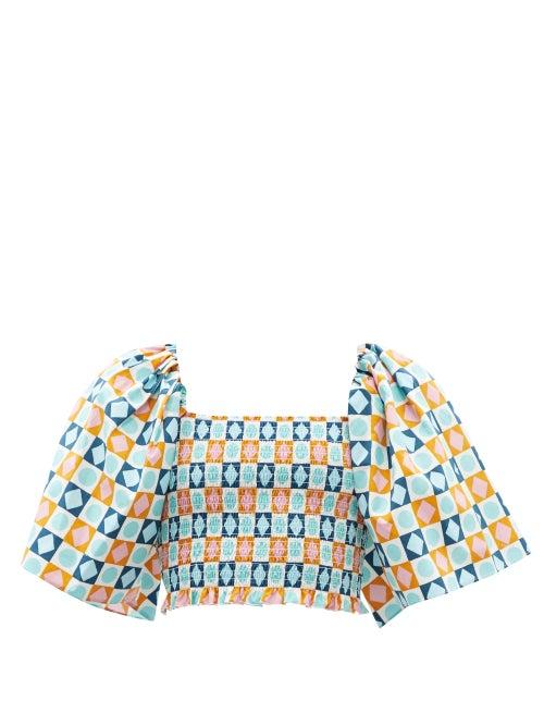 Ladies Beachwear La Doublej - Spritz Diamond Dots-print Puff-sleeve Cotton Top - Womens - Yellow Print
