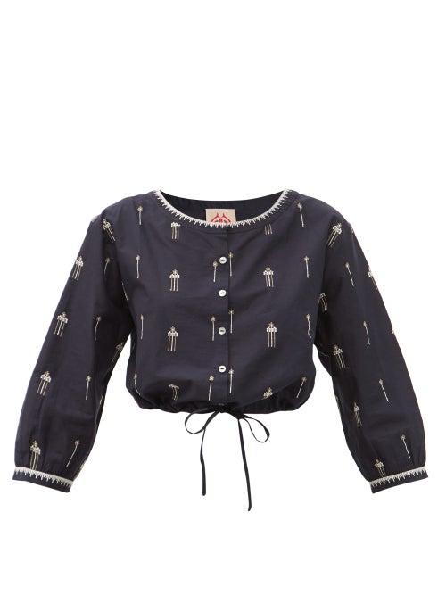 Matchesfashion.com Le Sirenuse, Positano - Jinny Floral-embroidered Cotton-poplin Cropped Top - Womens - Navy