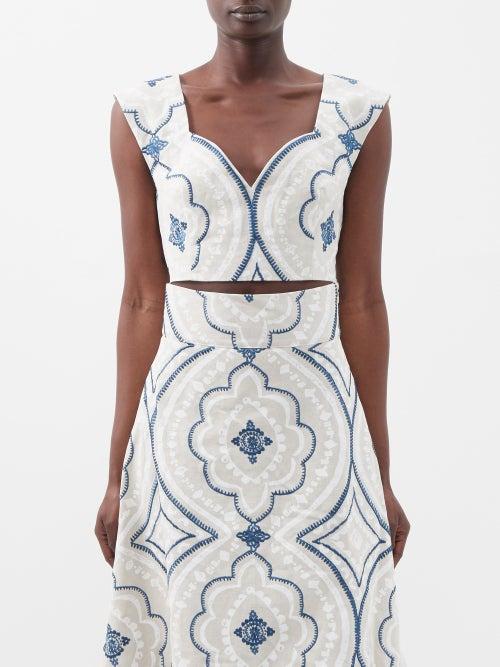 Marta Ferri - Esmeralda Embroidered Poplin Cropped Top - Womens - Blue White