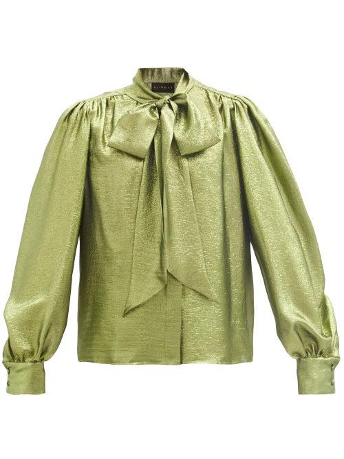 Matchesfashion.com Dundas - Pussy-bow Balloon-sleeve Silk-blend Lam Blouse - Womens - Green