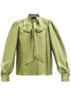 Matchesfashion.com Dundas - Pussy-bow Balloon-sleeve Silk-blend Lam Blouse - Womens - Green