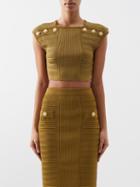 Balmain - Buttoned Knitted Crop Top - Womens - Khaki