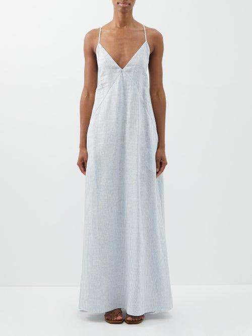 Another Tomorrow - Striped Organic-linen Voile Maxi Dress - Womens - Blue Stripe