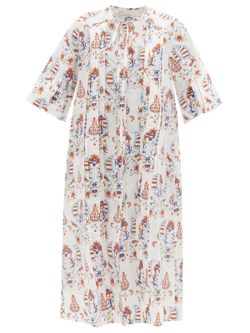 Ladies Beachwear Evi Grintela - Pintucked Floral-print Cotton Midi Dress - Womens - White Print