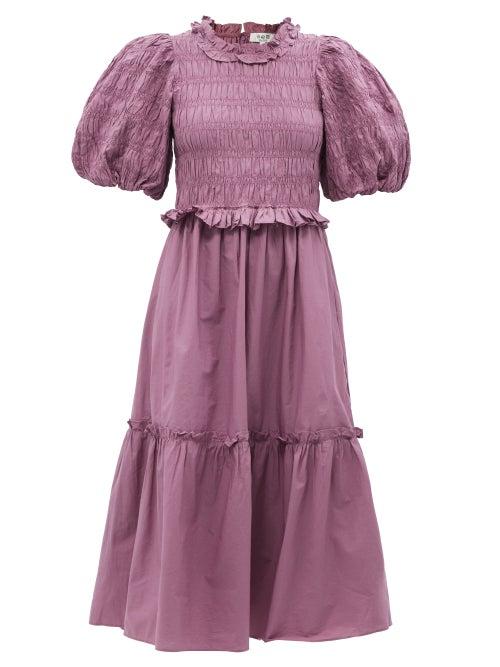 Sea - Rene Puff-sleeve Shirred Cotton-poplin Dress - Womens - Pink