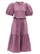 Sea - Rene Puff-sleeve Shirred Cotton-poplin Dress - Womens - Pink