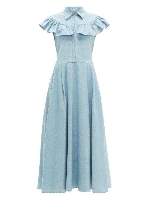 Matchesfashion.com Miu Miu - Ruffled Denim Midi Dress - Womens - Light Blue
