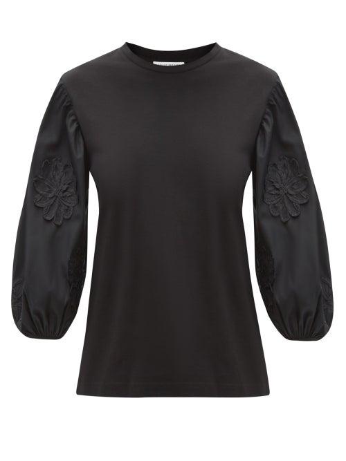 Matchesfashion.com Cecilie Bahnsen - Candy Floral-appliqu Balloon-sleeve Cotton Top - Womens - Black