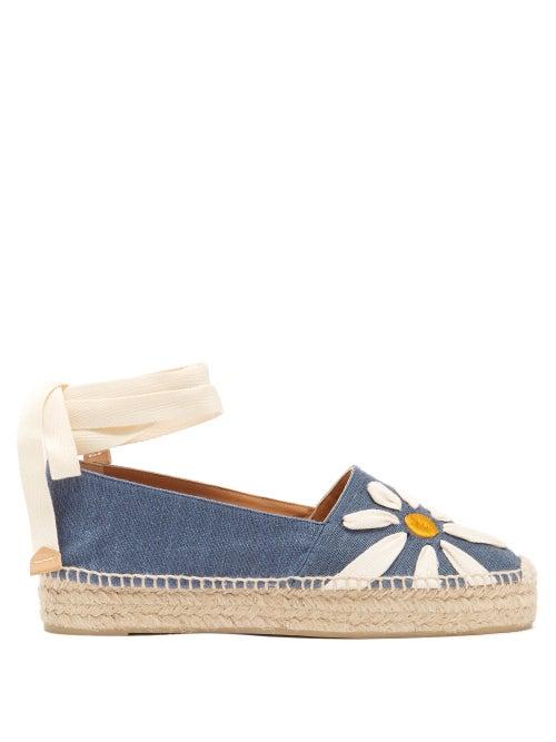 Matchesfashion.com Castaer - Karenina Daisy-embroidered Linen Espadrilles - Womens - Blue Multi