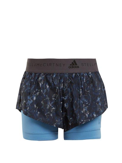 Matchesfashion.com Adidas By Stella Mccartney - Run Two In One Abstract Camouflage Print Shorts - Womens - Blue Multi