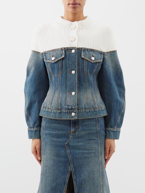 Alexander Mcqueen - Knit-panel Distressed-denim Jacket - Womens - Blue White
