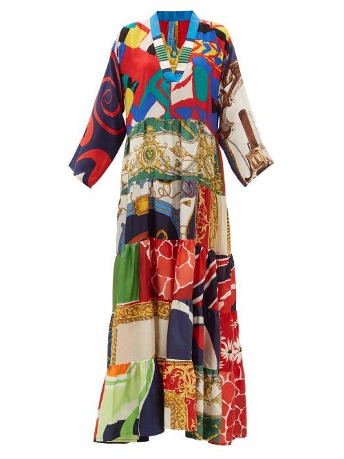 Matchesfashion.com Rianna + Nina - Vintage V-neck Patchwork Silk Dress - Womens - Multi