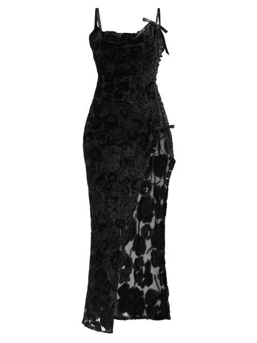 Alessandra Rich - Rose Velvet-devor Bias-cut Slip Dress - Womens - Black