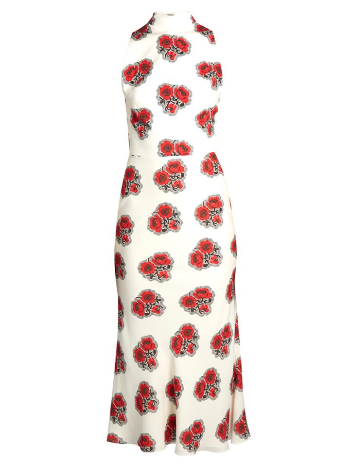 Alexander Mcqueen Poppy-print Ruffled-back High-neck Crepe Dress