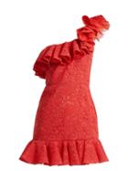 Matchesfashion.com Giambattista Valli - One Shoulder Ruffled Lace Mini Dress - Womens - Red