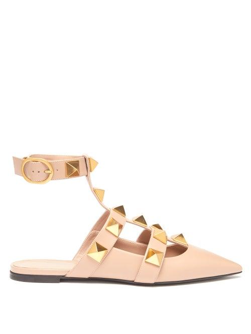 Valentino Garavani - Roman Stud Point-toe Backless Leather Flats - Womens - Nude