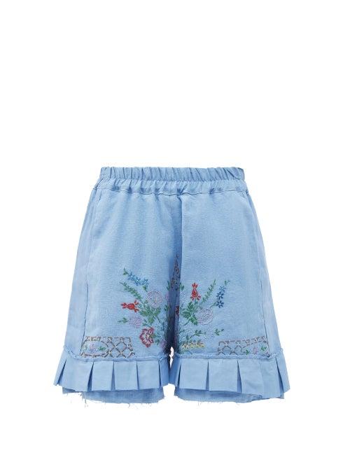 Matchesfashion.com By Walid - Evelyn Embroidered Upcycled-linen Shorts - Womens - Blue