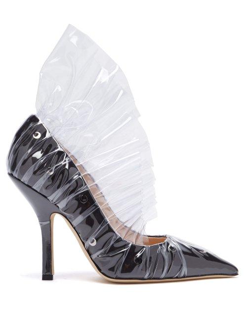 Matchesfashion.com Midnight 00 - Shell Crescent Satin & Pvc Ruffle Pumps - Womens - Black