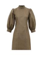 Matchesfashion.com Ganni - Puff-sleeve Gingham Seersucker Mini Dress - Womens - Khaki