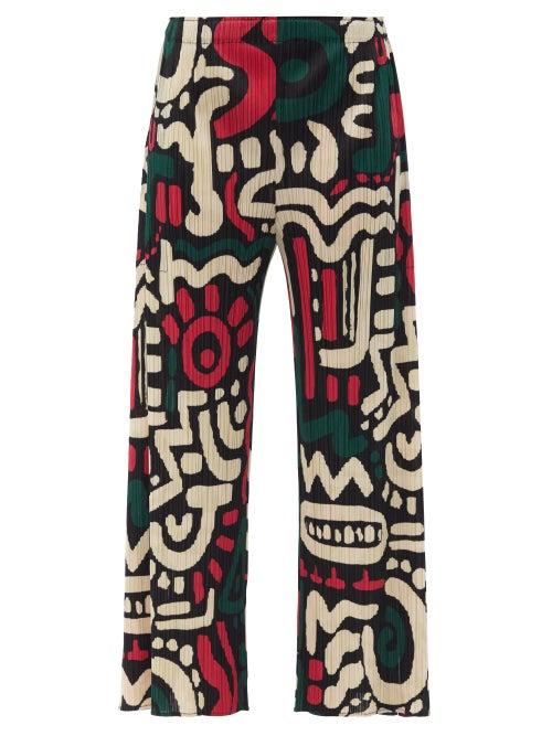 Ladies Rtw Pleats Please Issey Miyake - Graphic-print Technical-pleated Wide-leg Trousers - Womens - Black Multi