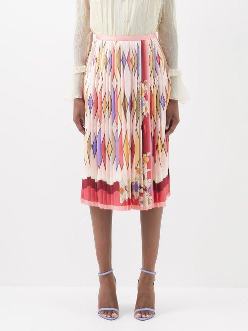 Gucci - Gg Diamond-print Pleated Silk Midi Skirt - Womens - Red Multi