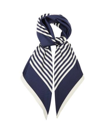 Lescarf - Striped Border Logo-print Silk-twill Scarf - Womens - Navy