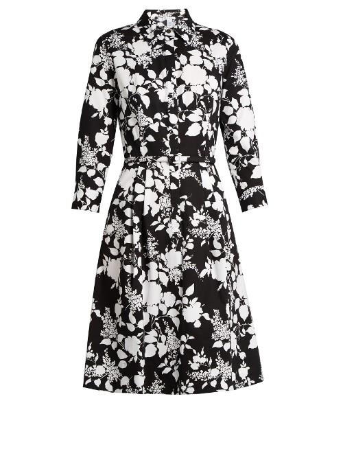 Oscar De La Renta Rosebush-print Long-sleeved Cotton Dress