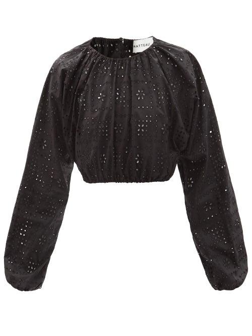 Ladies Beachwear Matteau - The Crochet Broderie Cropped Organic-cotton Blouse - Womens - Black