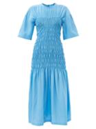 Stella Mccartney - Shirred Silk-satin Midi Dress - Womens - Blue