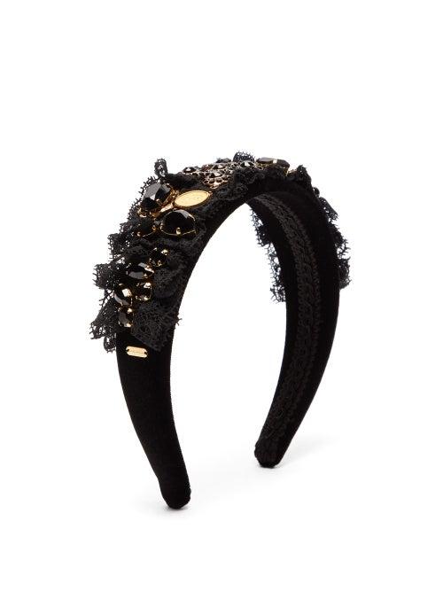 Matchesfashion.com Dolce & Gabbana - Crystal & Floral Lace Velvet Headband - Womens - Black