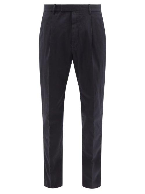 Ermenegildo Zegna - Pleated Cotton-blend Tailored Trousers - Mens - Navy