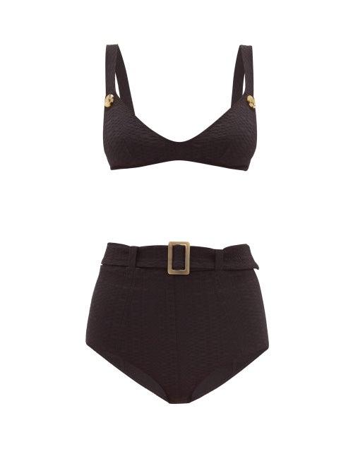 Matchesfashion.com Lisa Marie Fernandez - Magdalena High-waist Belted Seersucker Bikini - Womens - Black