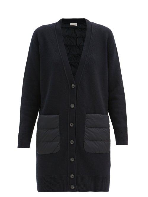 Matchesfashion.com Moncler - Longline Down Quilted-panel And Wool Cardigan - Womens - Navy