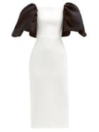Matchesfashion.com Rasario - Puff-sleeve Satin Midi Dress - Womens - White Black