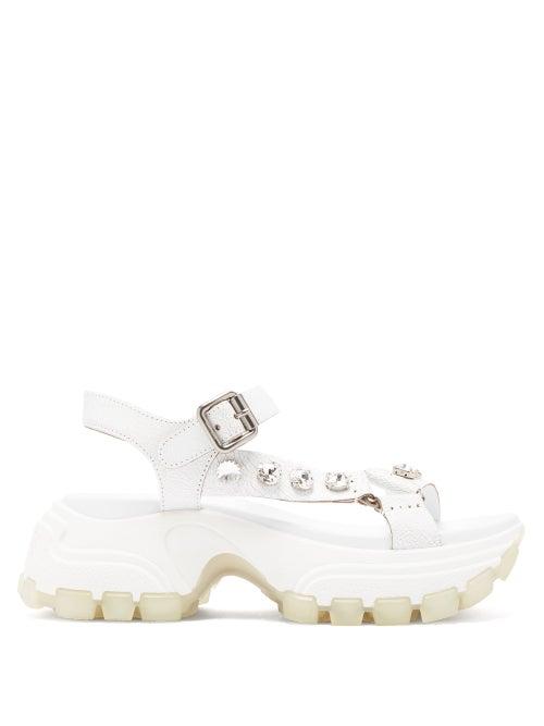 Matchesfashion.com Miu Miu - Crystal Embellished Raised Sole Leather Sandals - Womens - White
