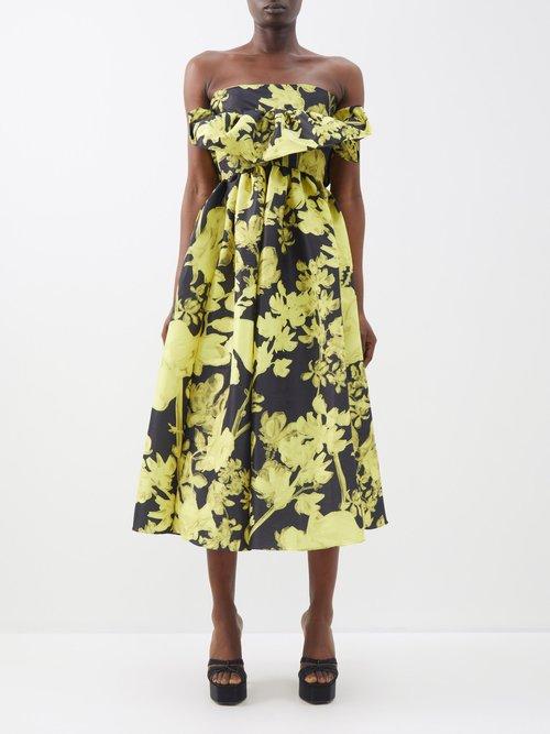 Kika Vargas - Lynn Strapless Printed Taffeta Midi Dress - Womens - Yellow Black