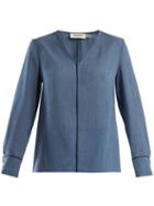 Matchesfashion.com Cefinn - Contrast Piped V Neck Voile Blouse - Womens - Light Denim
