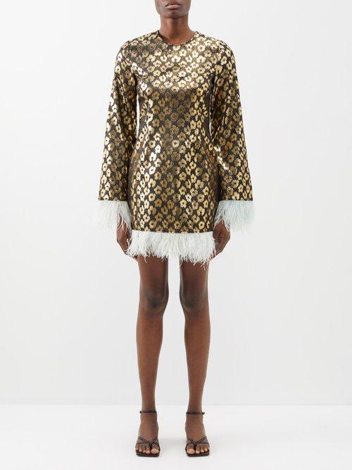 La Doublej - Twiggy Feather-trim Leopard-brocade Mini Dress - Womens - Gold Multi