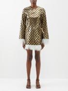 La Doublej - Twiggy Feather-trim Leopard-brocade Mini Dress - Womens - Gold Multi