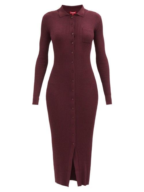 Staud - Napa Buttoned Ribbed-knit Dress - Womens - Burgundy
