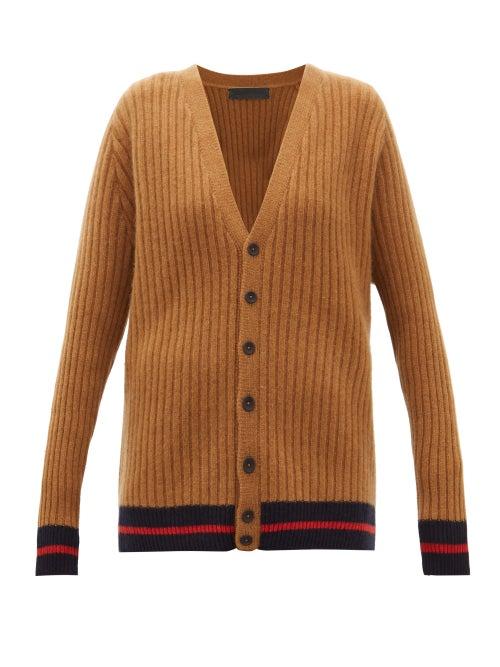 Matchesfashion.com The Elder Statesman - Tipped Trim Ribbed Cashmere Cardigan - Womens - Beige