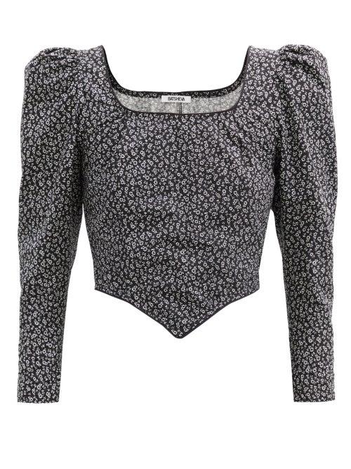 Matchesfashion.com Batsheva - Dirndl Puff-sleeve Floral-print Cotton Blouse - Womens - Black