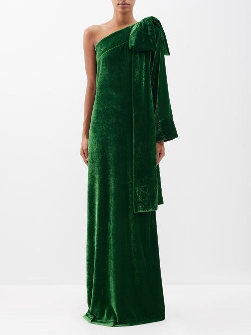 Bernadette - Nel One-shoulder Bow-appliqu Velvet Gown - Womens - Dark Green
