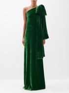 Bernadette - Nel One-shoulder Bow-appliqu Velvet Gown - Womens - Dark Green