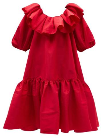Alexander Mcqueen - Oversized Ruffled V-back Taffeta Midi Dress - Womens - Red