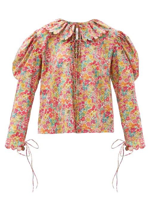 Matchesfashion.com Horror Vacui - Elena Scalloped Floral-print Cotton Blouse - Womens - Red Multi